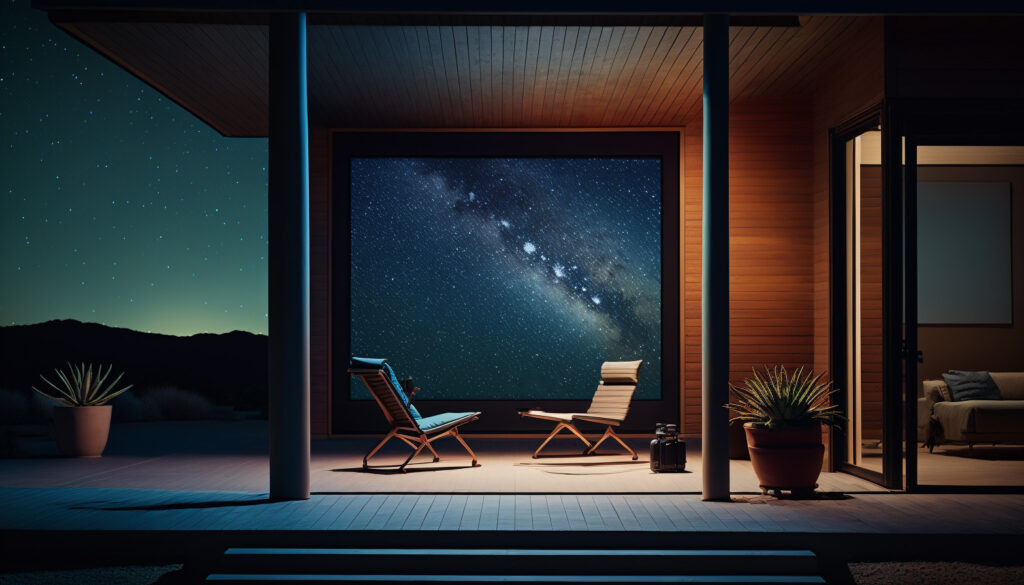 The veranda under a starry sky of a smart home with a massive display showing the galaxy.